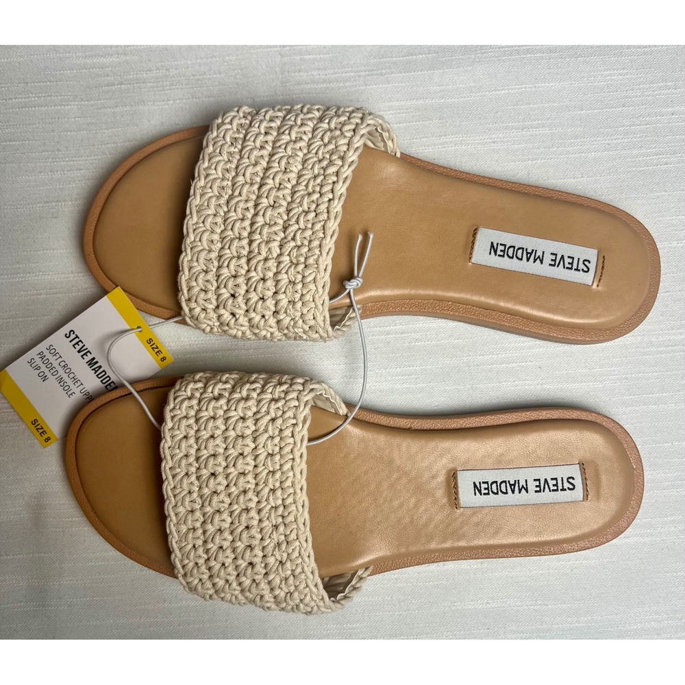 Steve Madden Tannah Crochet Slide Sandals Natural Cream Tan Flat Slip On Women 8 - Picture 8 of 10